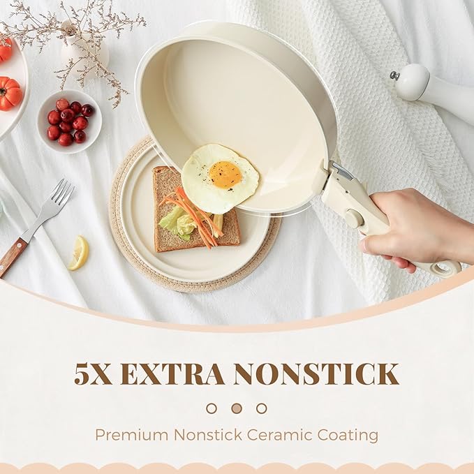 PRICUSIS Ceramic Pots and Pans Set with Detachable Handle, Non-toxic Nonstick 8pcs Cookware Set with Die-cast Lids, Dishwasher & Oven Safe, PTFE PFOA PFAS Free, Perfect for College Dorm, Cream White