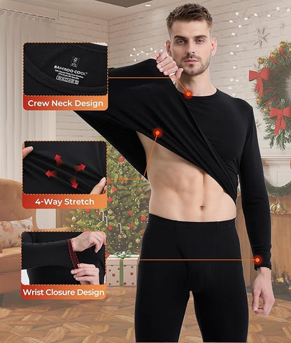 BAMBOO COOL Men's Thermal Underwear with Soft Fleece Lined Base Layer Cold Weather Top Bottom Gift Set