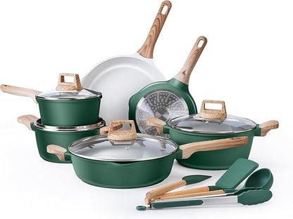 Country Kitchen Pots and Pans Set Nonstick, Cast Aluminum Kitchen Cookware Set with Utensils, 14 Pcs Non Stick Cooking Set w/Frying Pans & Saucepans, Sage