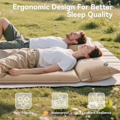 Self Inflating Sleeping Pad with Pump, 3.14" Thick Memory Foam Double Sleeping Mats with Pillow (Khaki)