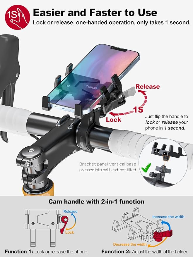 Tiakia Bike Phone Mount Holder, Aluminum Motorcycle Phone Mount, Handlebar Mounted Cell Phone Holder for Bike, 360° Rotation, Universal Bicycle Phone Mount for 4.5-7 Inch Phones