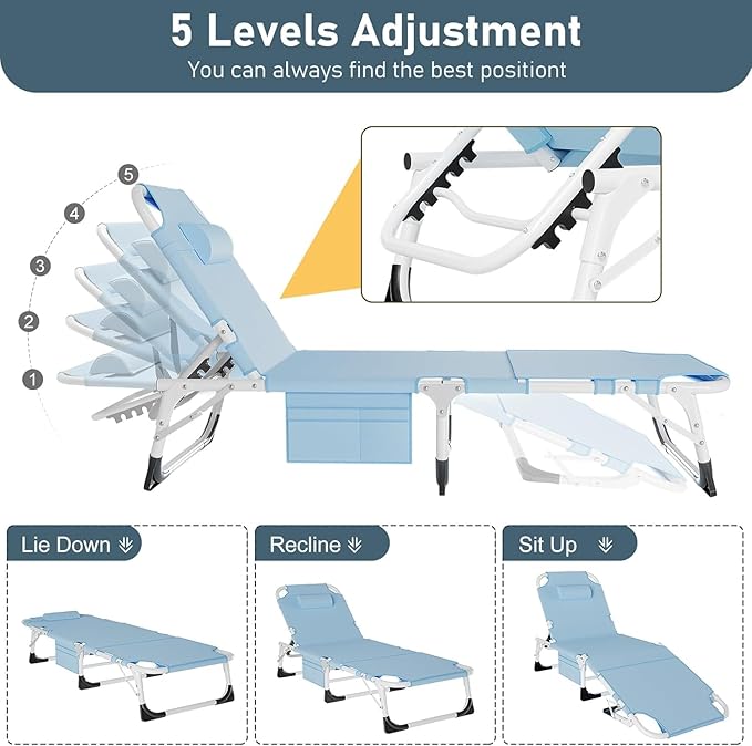 Slsy Sleeping Cots for Adults, 5-Position Folding Chaise Lounge Chairs Outdoor, Portable Folding Bed Cot Lounge Chair for Beach Lawn Camping Pool Sun Tanning
