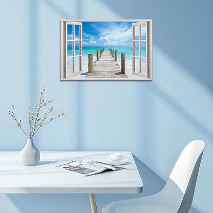 ANRUOXI Beach Pictures Wall Art Decor for Living Room, Blue Ocean Painting for Bedroom, White Window Frame Style Sea Bridge Canvas Wall Decor, Coastal Landscape Artwork for Office Bedroom 18x24 Inch