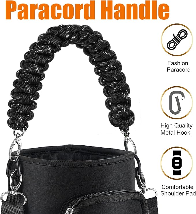 32/40/64/128 oz Neoprene Insulated Water Bottle Carrier Bag, Sling Bag Sleeve Pouch Holder with Strap & Paracord Handle and 2 Pocket for Travelling, Hiking, Camping