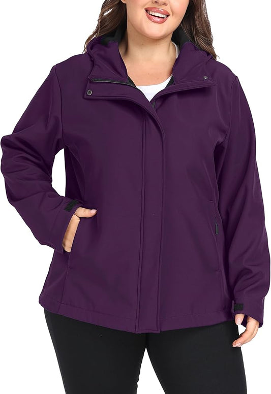 wantdo Women's Plus Size Softshell Jackets Hooded Warm Fleece Lined Windbreaker