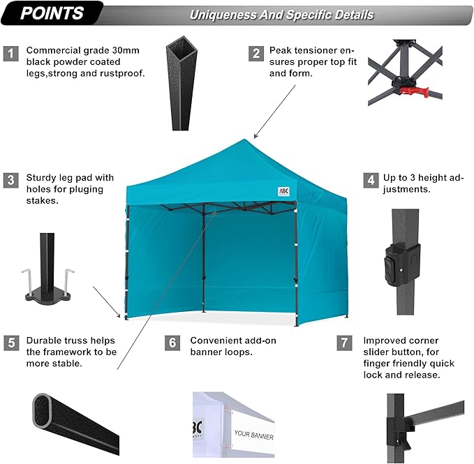 ABCCANOPY Heavy Duty Easy Pop up Canopy Tent with Sidewalls 10x10, Turquoise