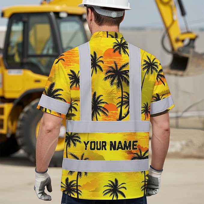 High Visibility Hawaiian Shirt for Men Tropical Shirts Custom Name Floral Outfit Reflective Safety Workwear
