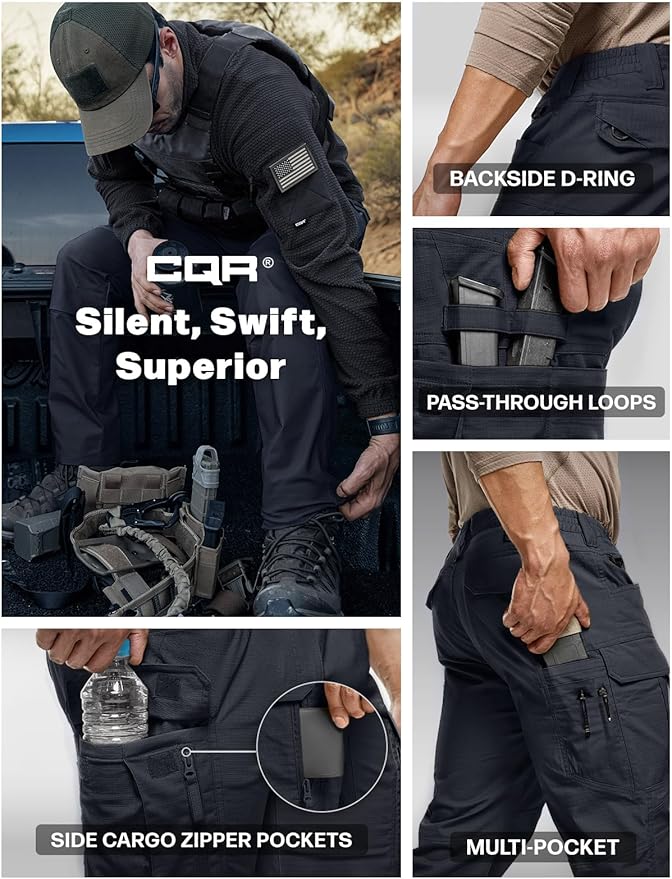 CQR Men's Flex Stretch Tactical Pants, Water Resistant Ripstop Cargo Pants, Lightweight EDC Outdoor Work Hiking Pants