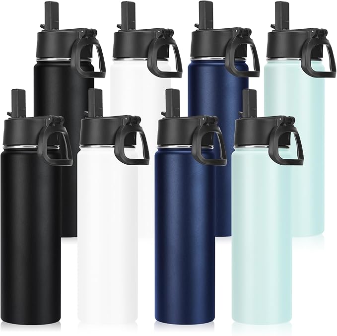 Neihepal 22 oz Insulated Water Bottles Bulk, Stainless Steel Water Bottles Bulk with Leak Proof Straw Lid, Wide Mouth Double Walled Vacuum Keeps Cold and Hot(Mix,8 Pack)