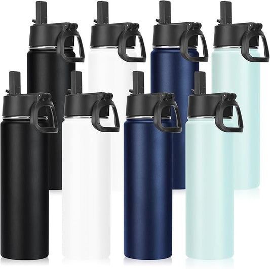 Neihepal 22 oz Insulated Water Bottles Bulk, Stainless Steel Water Bottles Bulk with Leak Proof Straw Lid, Wide Mouth Double Walled Vacuum Keeps Cold and Hot(Mix,8 Pack)