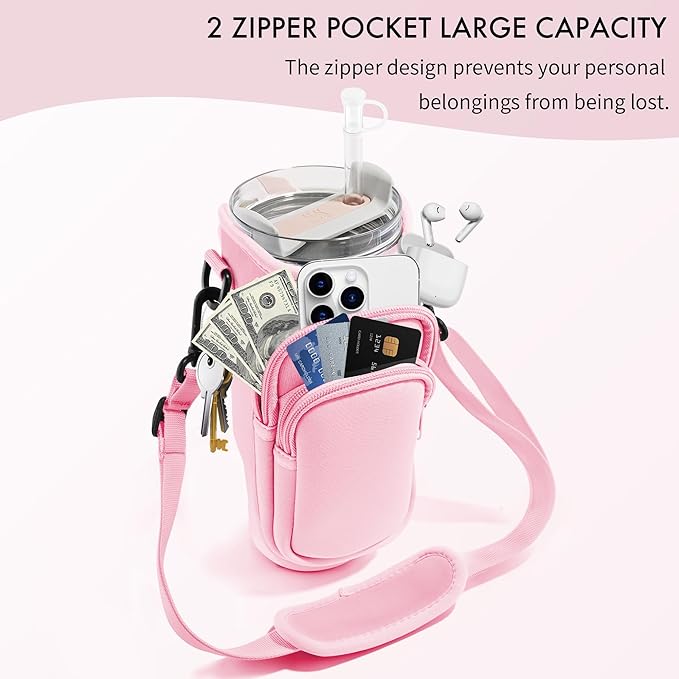 Water Bottle Carrier Bag with Phone Pocket for Stanley Cup 40/30 oz, Water Bottle Holder with Adjustable Strap& Straw Cover, Stanley Cup Accessories