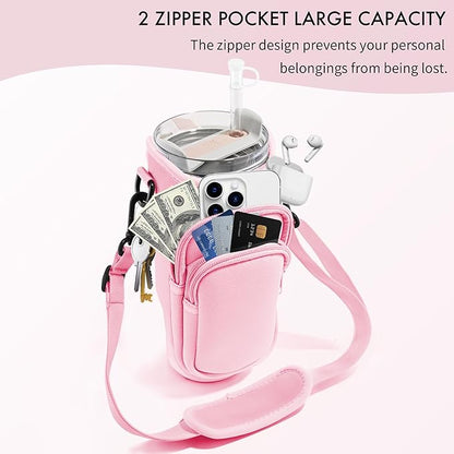 Water Bottle Carrier Bag with Phone Pocket for Stanley Cup 40/30 oz, Water Bottle Holder with Adjustable Strap& Straw Cover, Stanley Cup Accessories