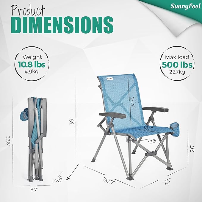 SUNNYFEEL Ergonomic High Back Camp Chair - 500lbs Heavy Duty Folding Chair, UV-Resistant Portable Camp Chair with Hard Armrests, Cup Holder＆ Bag for Outdoor, Basebal, Travel, Sports, Hiking, Fishing