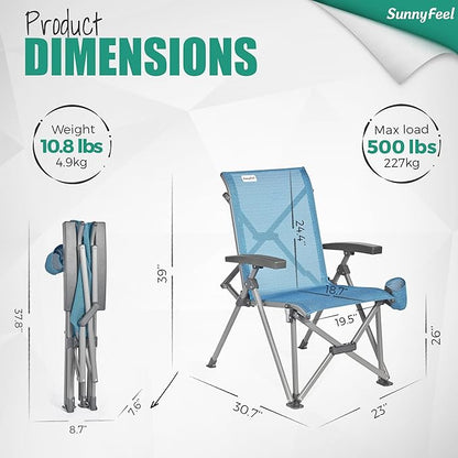 SUNNYFEEL Ergonomic High Back Camp Chair - 500lbs Heavy Duty Folding Chair, UV-Resistant Portable Camp Chair with Hard Armrests, Cup Holder＆ Bag for Outdoor, Basebal, Travel, Sports, Hiking, Fishing