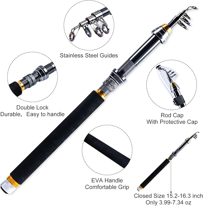Goture Fishing Rod and Reel Combos,1.8M-2.7M Telescopic Fishing Pole Spinning Reel Lures Set with Carrier Bag,Telescopic Rod Kit for Starter Travel Saltwater Freshwater Gear Gift for Men