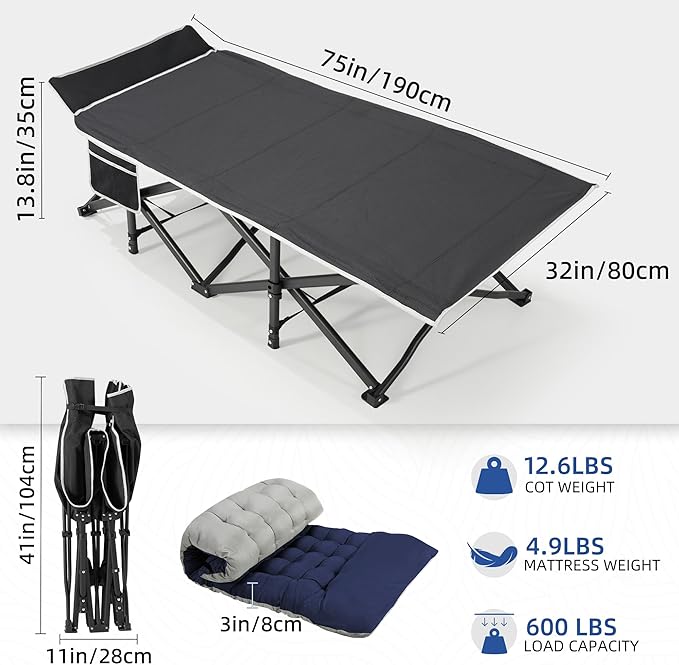 HABUTWAY Camping Cot with Mattress, 32" Extra Wide Camping Cots for Adults, Sleeping Cot for Adults Holds Up to 603LBS, Cots for Sleeping, Camp, Rv, Beach, Patio, Office Naps, 2PCS (Blue)
