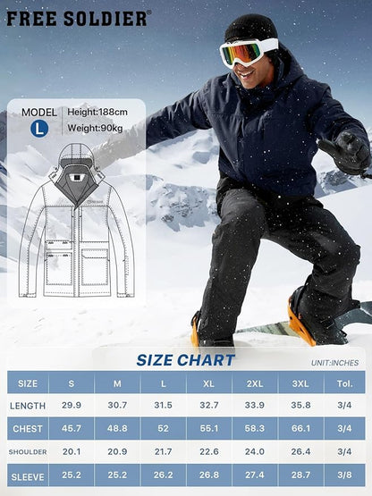FREE SOLDIER Men's Waterproof Ski Jacket Fleece Lined Warm Winter Snow Coat with Hood Fully Taped Seams