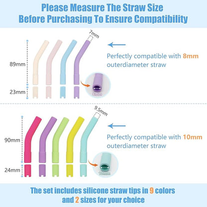 KEIFIN 18 Pcs 8mm 10mm Silicone Straw Tips with Bottom Sleeve Reusable Food Grade Rubber Straw Tips for Metal Glass Straws Replaceable Flex Toppers Elbow Covers for 8/10mm Outer Diameter Straws