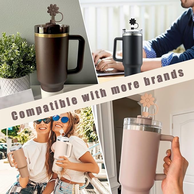 Brown Series Silicone Straw Covers Toppers for Stanley Cups 30&40 Oz Tumbler Accessories 6PCS Flower Straw Caps Dust-Proof Reusable Straws Tips Protectors for Stanley Cup 10mm 0.4in Straws