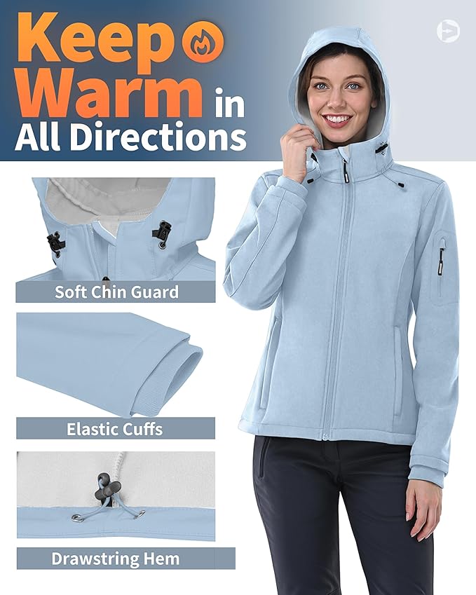 Outdoor Ventures Women's Softshell Jacket with Hood Fleece Lined Warm Lightweight Waterproof Insulated Windbreaker