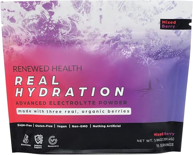 Real Hydration - Organic Fruit-Based Electrolyte Mix - Made with Organic Fruits & Pink Salt - Zero Sugar & Vegan - Hydration, Immune & Recovery Support (30 Servings, Mixed Berry)