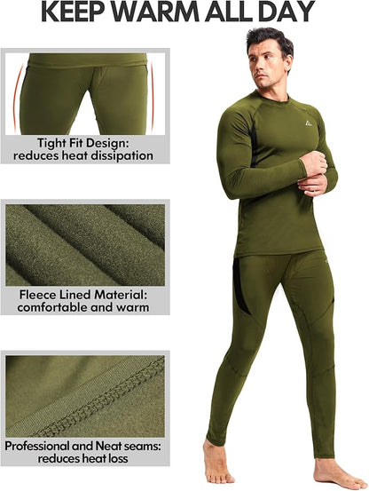 CL convallaria 2 Pack Mens Thermal Underwear Fleece Lined Long Johns Winter Base Layer Cold Weather Hunting Gear