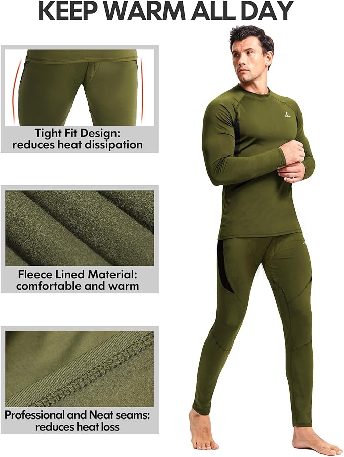 CL convallaria 2 Pack Mens Thermal Underwear Fleece Lined Long Johns Winter Base Layer Cold Weather Hunting Gear