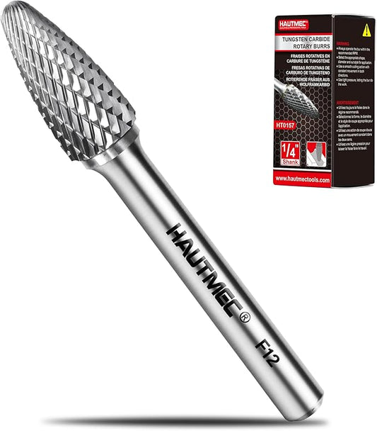 HAUTMEC Tungsten Carbide Rotary Burr Bit – 1/4" Shank, Double Cut Tungsten Rotary File for Die Grinder, Professional Grade, Suit for Metal Carving, Grinding, Engraving & Deburring - HT0157