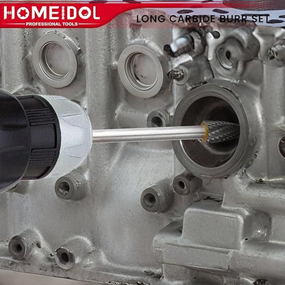 10Pcs Long Carbide Burr Set 1/4" Shank Die Grinder Bits, HOMEIDOL 4"(100mm) Long Rotary Files Tungsten Carbide Rotary Burr Set, Carbide Drill Bits for Metal Stone Wood Carving Engraving Deburring