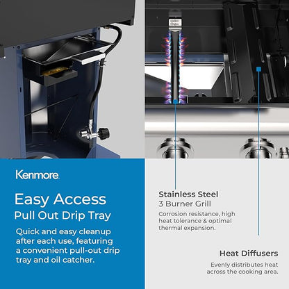 Kenmore 3-Burner Propane BBQ Grill, 30,000 BTUs Gas Grill with Cast Iron Cooking Grates, Folding Side Tables & Wheels, Outdoor Grill with Tool Hooks, Azure Blue