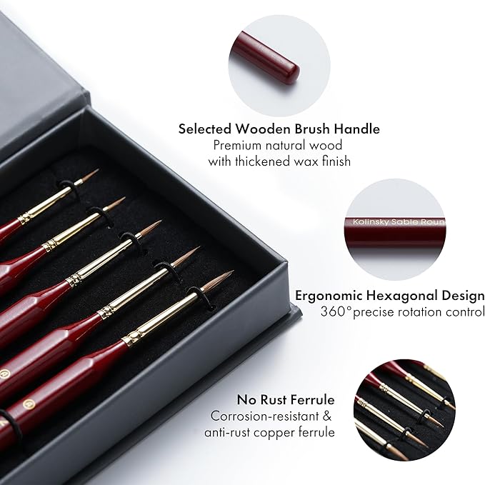 Artify Detail Paint Brushes, 100% Kolinsky Sable Micro Paint Brushes - Master Series, Ultra Fine Tips Paint Brush Set, High Precision for Models/Crafts, Detailing for Acrylic/Oil/Watercolor (Red)
