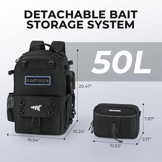 KastKing BaitSpace 50L Fishing Tackle Backpack with Removable Bait Binder,2 Rod Holders Storage Fishing Gear and Equipment