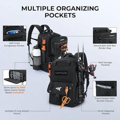 KastKing BaitSpace 50L Fishing Tackle Backpack with Removable Bait Binder,2 Rod Holders Storage Fishing Gear and Equipment