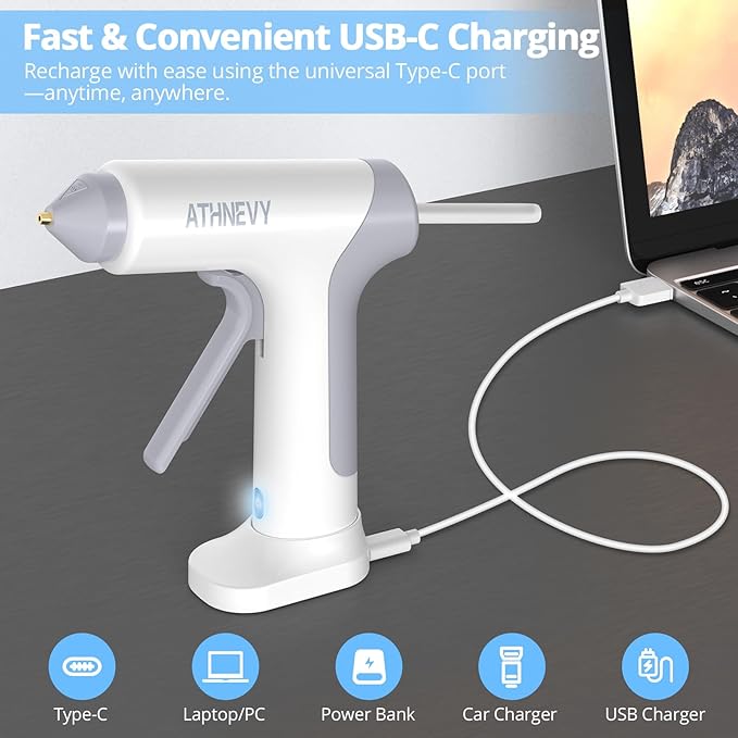 Cordless Hot Glue Gun 4V 20W, 10s Fast Preheat, 30PCS Mini Glue Sticks 7x100mm, Type-C Rechargeable, Anti-Drip, Auto-Off, for DIY Crafts, Repair, Decoration (White)