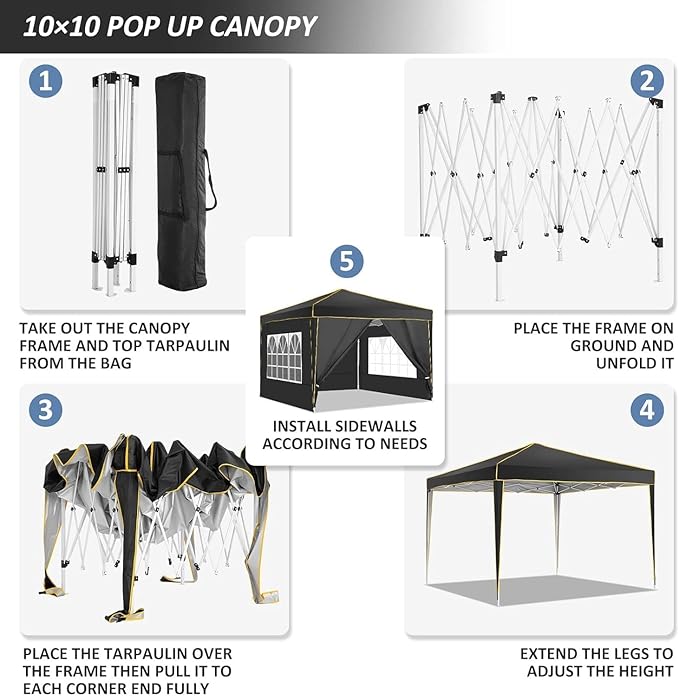 COBIZI 10x10 Pop Up Canopy with 4 Sidewalls, Easy up Canopy for Events, Sports, Beach, Party, Outdoor Party Canopies with 4 Weight Bags, Stakes x4, Ropes x4, Black