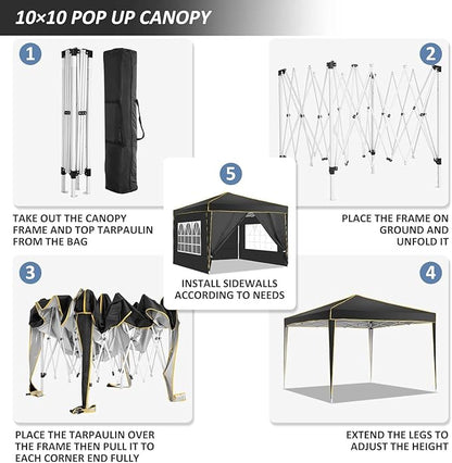 COBIZI 10x10 Pop Up Canopy with 4 Sidewalls, Easy up Canopy for Events, Sports, Beach, Party, Outdoor Party Canopies with 4 Weight Bags, Stakes x4, Ropes x4, Black
