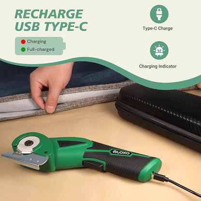 VLOXO Cordless Electric Scissors, 4V Rechargeable Cardboard Cutter with Safety Lock and LED Light Powerful Fabric Mini Cutter Rotary Multi-Cutting Tool for Carpet Leather Felt Storage Box Green
