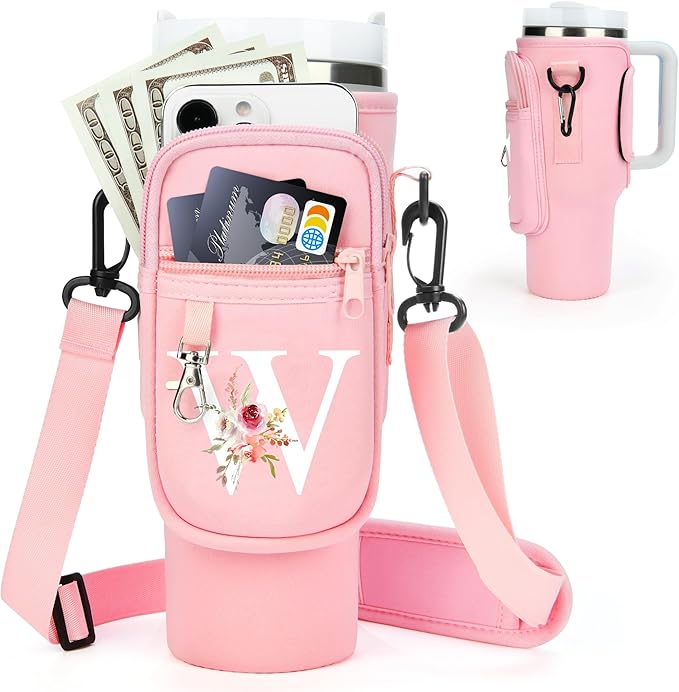 Initial Water Bottle Holder with Strap for Stanley 40 oz Tumbler/Simple Modern 40 oz Tumbler,Water Bottle Carrier Bag with Strap,Personalized A-Z Phone Pocket for Stanley Cup Accessories
