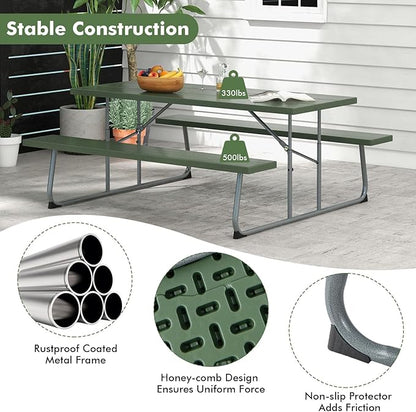 Tangkula 6 Ft Folding Picnic Table, Outdoor 8 Person Large Picnic Table Set with 2 Built-in Benches, Umbrella Hole, Metal Frame & HDPE Tabletop for Garden, Backyard (Green)