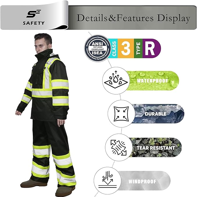 sesafety Hi Vis Rain Jacket, Rain Suits for Men Waterproof withBlack Bottom, Rain Coats for Men Interior Mesh, Class 3 HighVisibility Rain Gear,Removable Hood