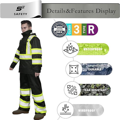 sesafety Hi Vis Rain Jacket, Rain Suits for Men Waterproof withBlack Bottom, Rain Coats for Men Interior Mesh, Class 3 HighVisibility Rain Gear,Removable Hood