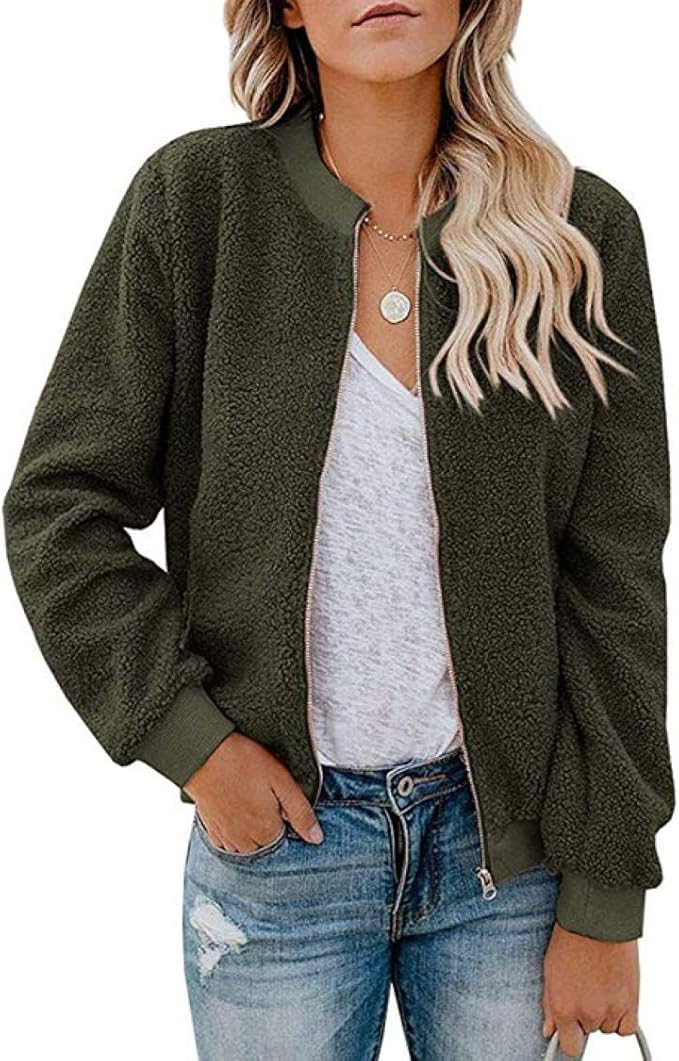 MIROL Women's Fall Trendy Fleece Jacket Faux Sherpa Fuzzy Casual Long Sleeve Zip Up Loose Fit Bomber Winter Coat