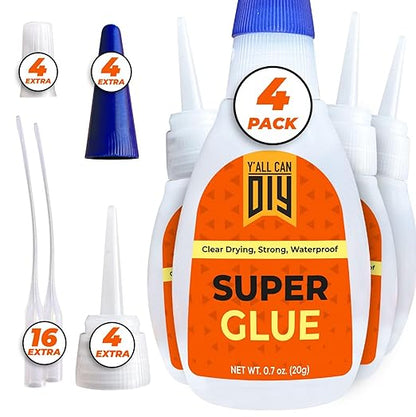 Y'allCanDiy Super Glue 4 Pk x 0.7 Oz (20g) - Superglue for Crafts Plastic, Wood, Metal, & Repair, Instant Cyanoacrylate Based Glue, Quick Dry Premium Cyanoacrylate Adhesive