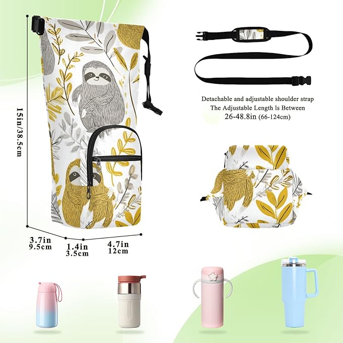 Cartoon Sloths Leaves White Water Bottle Holder with Strap Insulated Water Bottle Carrier Crossbody Bags Pouch with Phone Pocket for Travel Gym Hiking Walking Running