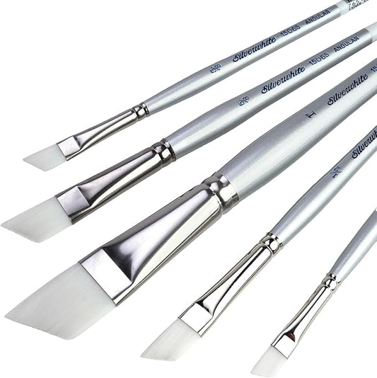Silver Brush Limited SW-1587S Silverwhite Short Handle Angle Brushes with Soft Synthetic Taklon, 5pc Premium Artist Painting Bundle for Acrylics, Watercolor, Gauche, Ink, Dye, Craft Paint, & Tempera