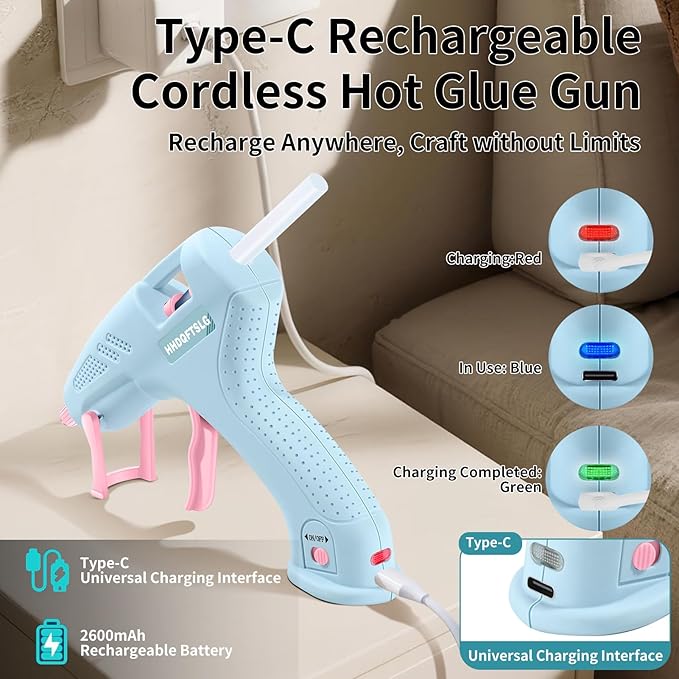 20W Cordless Hot Glue Gun,Glue Gun with 30 Glue Sticks (7×150mm),90s Fast Heating,2600mAh Type-C Rechargeable Mini Glue Gun for DIY Crafts,Home Repairs,Kids' School Projects & Gift Making-Blue