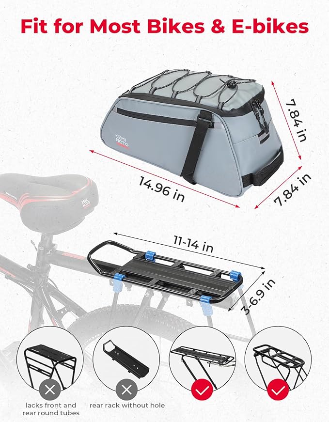 KEMIMOTO Rear Bike Rack Bag 11L, Water-resistant 3 IN 1 Bicycle Trunk Bag Cycling Luggage Saddle Shoulder Pack for Road Mountain Ebikes, Storage Backpack for Commuting, Shopping, Traveling, Grey