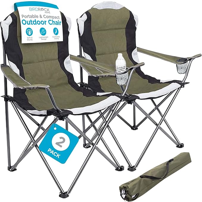 Internet's Best Padded Camping Folding Chair - Comfortable Outdoor Sports Chairs w/Cup Holder, Portable Carry Bag - for Beach, Park, Soccer, Baseball, Softball, Picnic, Adults - Green 2 - Pack