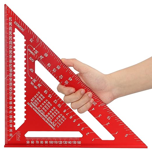 Carpenter Square 12-inch Layout Tool Alloy Metal Triangle Ruler Protractor,RED(MER)