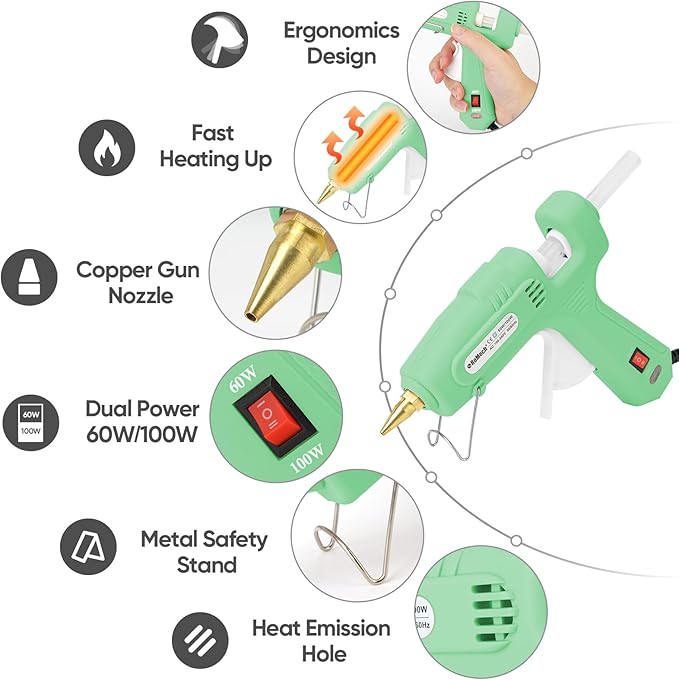 ROMECH Full Size Hot Glue Gun with 60/100W Dual Power and 21 Hot Glue Sticks (7/16"), Fast Preheating Heavy Duty Industrial Gluegun with Storage Case for Crafting, DIY and Repairs (Light Green)